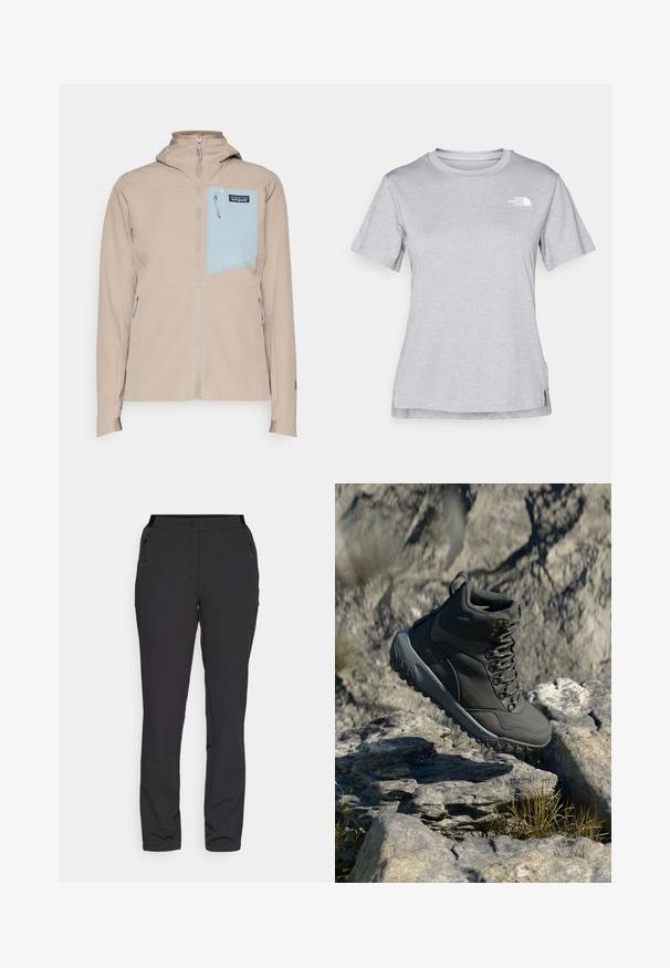 Bežová technická bunda s textúrovaným vzorom, svetlomodrou náprsníkovou kapsou, predným zipsom a nastaviteľnou kapucňou a manžetami.; Sivý tričko s krátkym rukávom vyrobené z jemného, vlhkosť odvádzajúceho materiálu. Obsahuje okrúhly výstrih a malé biele logo na hornej ľavej strane.; Čierne vonkajšie nohavice, vyrobené z ľahkého materiálu, majú rovný strih, bočné vrecká na zips a nastaviteľný pás.; Tmavošedá turistická obuv vyrobená z syntetického materiálu, s polstrovaným golierom, kovovými očkami a textúrovanou gumovou podrážkou pre lepšiu trakciu.