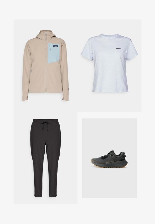 Casaco técnico bege com uma textura padronizada, um bolso no peito azul claro, fecho frontal e capuz e punhos ajustáveis.; T-shirt de algodão azul claro com mangas curtas, decote redondo e um pequeno logotipo preto com a inscrição "patagonia" no lado esquerdo do peito.; Calças de jogging pretas com uma cintura elástica, detalhe de cordão e bolsos laterais. Feitas de um tecido leve e suave.; Columbia TERRASTRIDE CRZ - Sapatos de caminhada - shark/black