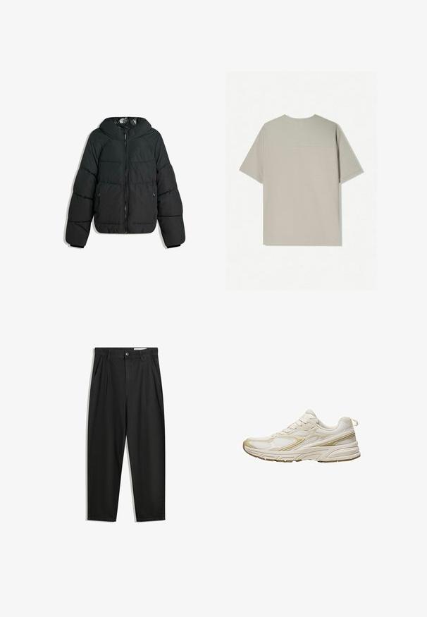 Hólyagos fekete dzseki kapucnival, cipzárral elöl, rugalmas mandzsettákkal és sima, fényes belső béléssel. Tűzött dizájn a hőszigetelés érdekében.; Beige színű pamut póló rövid ujjakkal. Egyszerű dizájn jellemzi, kerek nyakkivágással. Simább textúrája van, minimális varrással a hátsó részen.; Fekete pamut nadrág laza szabással, klasszikus derékrésszel, elülső hajtásokkal és oldalsó zsebekkel. Simább textúra minta nélkül.; Fehér sportcipők, amelyek hálós és szintetikus anyagból készültek, lekerekített orral, párnázott talppal és bézs díszítésekkel az oldalán.