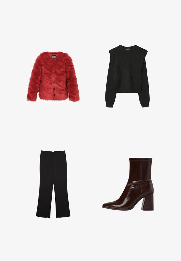 Rote Kunstfelljacke mit kurzem Schnitt, langen Ärmeln und Rundhalsausschnitt. Verfügt über einen Frontverschluss und ein Markenetikett innen. Weiche Textur.; Schwarzer, langärmeliger, gestrickter Pullover mit gepolsterten Schultern sowie gerippten Bündchen und Saum, dargestellt vor einem weißen Hintergrund.; Schwarze Hose mit geradem Schnitt, ausgestattet mit Fronttaschen und Seitenschlitzen am Saum. Hergestellt aus weichem, glattem Stoff. Geeignet für verschiedene Anlässe.; Braune Lackleder-Stiefelette mit spitzem Zehenbereich, elastischem Knöchel und blockartigem Absatz. Elegantes Design mit glatter Textur.