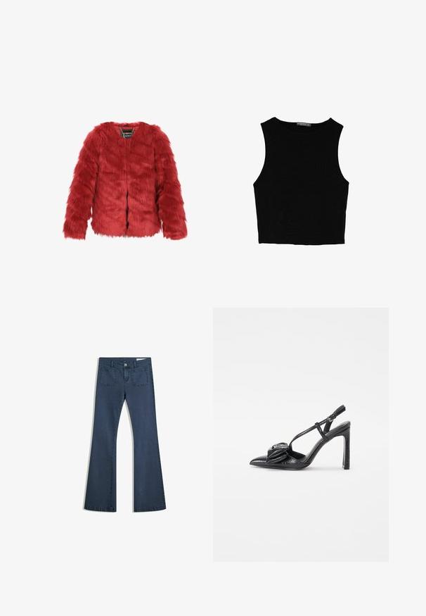 Rød faux fur jakke med kort snit, lange ærmer og rund halsudskæring. Har en frontlukning og et mærketegn indeni. Blød tekstur.; Sort ærmeløs crop top lavet af glat stof, med rund hals og et rent, enkelt design uden mønstre eller hardware.; Mørkeblå, udvidede denimjeans med syede lommer, knaplukning og en glat tekstur. Har et klassisk fem-lommemønster.; Sort højhælet sko med spids tå, blank overflade, tynde remme og en dekorativ plisseret detalje på fronten.