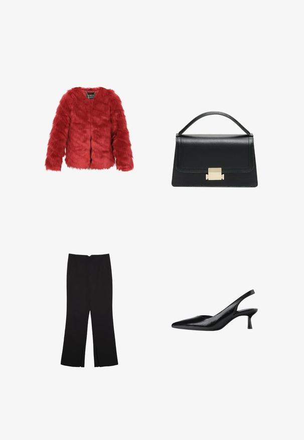 Punainen tekoturkishuppari, jossa on lyhyt leikkaus, pitkät hihat ja pyöreä kaulus. Varustettu etuläpällä ja bränditagilla sisällä. Pehmeä rakenne.; Mustat pitkät hihat lyhyt toppi, jossa on pyöreä kaula-aukko, yksinkertainen muotoilu ja hieman kaareva helma.; Mustat housut suoralinjaisella leikkauksella, joissa on etutaskut ja sivurei'ät helman alla. Valmistettu pehmeästä ja sileästä kankaasta. Sopii eri tilaisuuksiin.; Mustat slingback-korkokengät teräväkärkisellä muotoilulla, valmistettu teksturoidusta synteettisestä materiaalista, jossa on kapea korko ja avoin sivusuunnittelu.; Musta nahkakäsilaukku, jossa on jämäkkä muotoilu, yläkahva ja kultainen metallisolki edessä. Sujuva pinta, minimaalinen ompelu.