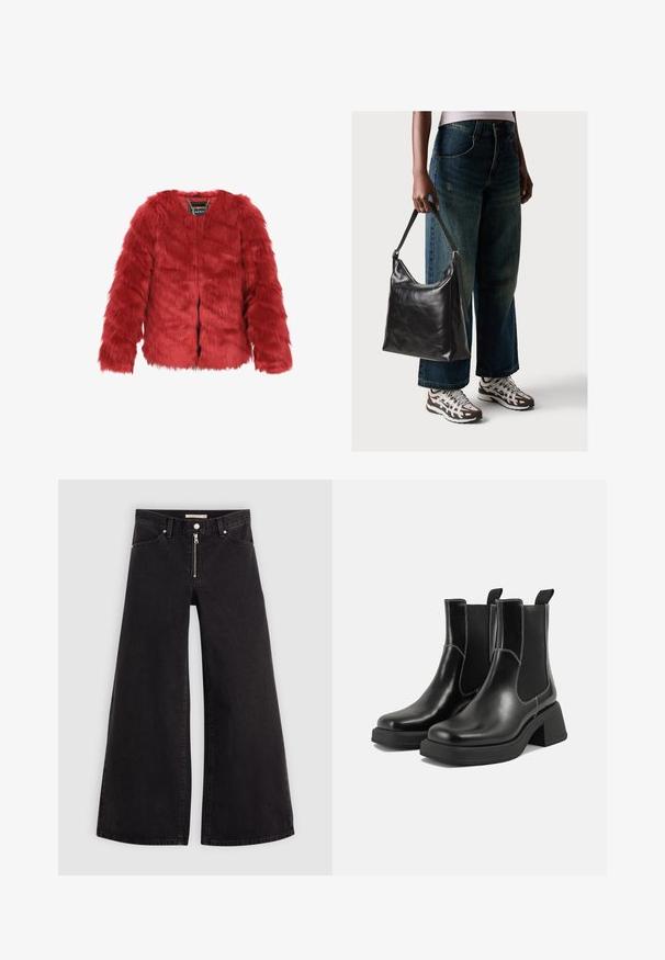 Chaqueta de piel sintética roja con corte corto, mangas largas y escote redondo. Cuenta con un cierre frontal y una etiqueta de la marca en el interior. Textura suave.; Camiseta negra de algodón, con mangas cortas sobre una capa blanca de manga larga con un patrón texturizado sutil. Diseño de escote redondeado.; Jeans de pierna ancha en denim negro con cierre frontal, diseño de cinco bolsillos y detalles de costura sutiles. Textura suave y estilo casual.; Botas Chelsea de cuero negro con tacón grueso, paneles laterales elásticos y costuras en blanco que contrastan. Acabado texturizado.; Bolso de hombro de cuero negro con una textura suave y correa ajustable, combinado con jeans de pierna ancha desgatados y zapatillas deportivas.