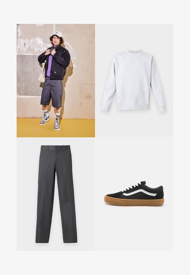 Czarna kurtka, fioletowa koszula, szare szorty i szare trampki. Dodatki to biała czapka i czarna chustka. Materiały bawełniane, casualowy design.; Jasnoszara bluza z miękkiego materiału, z okrągłym dekoltem, długimi rękawami oraz ribbowymi mankietami i dolnym wykończeniem. Minimalistyczny design bez wzorów.; Szare spodnie z gładkiego materiału, z prostymi nogawkami, zapięciem na guzik i szlufkami na pasek; minimalna ilość szwów i brak wzorów.; Czarne zamszowe trampki z białym paskiem po bokach, białymi sznurowadłami i gumową podeszwą. Klasyczny niski design z teksturowanymi akcentami i zaokrąglonym noskiem.