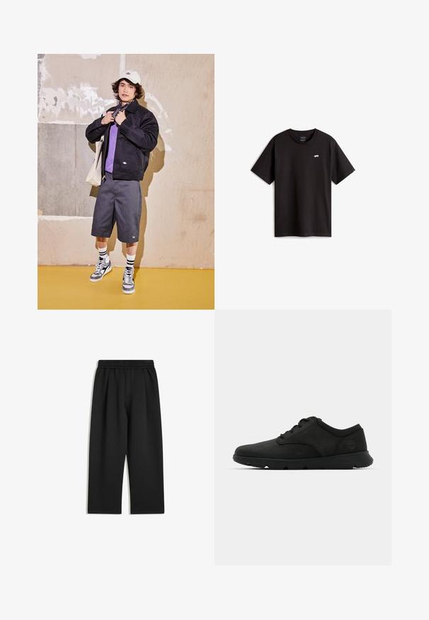 Zwarte jas, paarse shirt, grijze shorts en grijze sneakers. Accessoires omvatten een witte pet en een zwarte bandana. Katoenen materialen, casual ontwerp.; Zwarte katoenen t-shirt met korte mouwen en een ronde hals. Bevat een klein wit skateboardlogo op de borst. Eenvoudig ontwerp en snit.; Zwarte wijde broek met elastische tailleband en zijzakken, plat weergegeven op een witte achtergrond.; Zwarte veterschoenen met een glad leren bovenwerk, ronde neus en gevoerde zool. Voorzien van een subtiele logo op de hak.