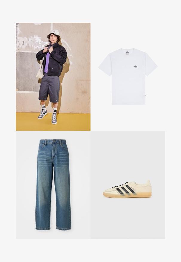 Černá bunda, fialová košile, šedé šortky a šedé tenisky. Doplňky zahrnují bílou čepici a černý šátek. Bavlněné materiály, volný design.; Bílá bavlněná tričko s krátkým rukávem, s malým černým logem na hrudi a štítkem v levém dolním rohu.; Světle modré denimové kalhoty s širokými nohavicemi a vysokým pasem, pět kapsami a mírně vybledlým povrchem. Obsahují zapínání na knoflík a zip.; Světle krémové tenisky s černým designem tří pruhů,Texturovaný svršek, kulatá špička a gumová podešev. Obsahují šněrování a branding po straně.