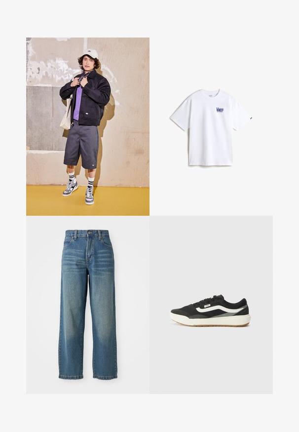 Svart jacka, lila skjorta, grå shorts och grå sneakers. Tillbehör inkluderar en vit keps och en svart bandana. Material i bomull, avslappnad design.; Vit bomull t-shirt med en blå broderad logotyp på vänster bröst. Klassisk rund halsringning, korta ärmar och en avslappnad passform.; Ljusblå denim byxor med vida ben och hög midja, fem fickor och en lätt urtvättad finish. Har en knapp- och dragkedjestängning.; Svart sneakers med vita accenter, med en slät syntetisk ovandel, rund form och gummisula, tillsammans med ljusbeiga byxor.