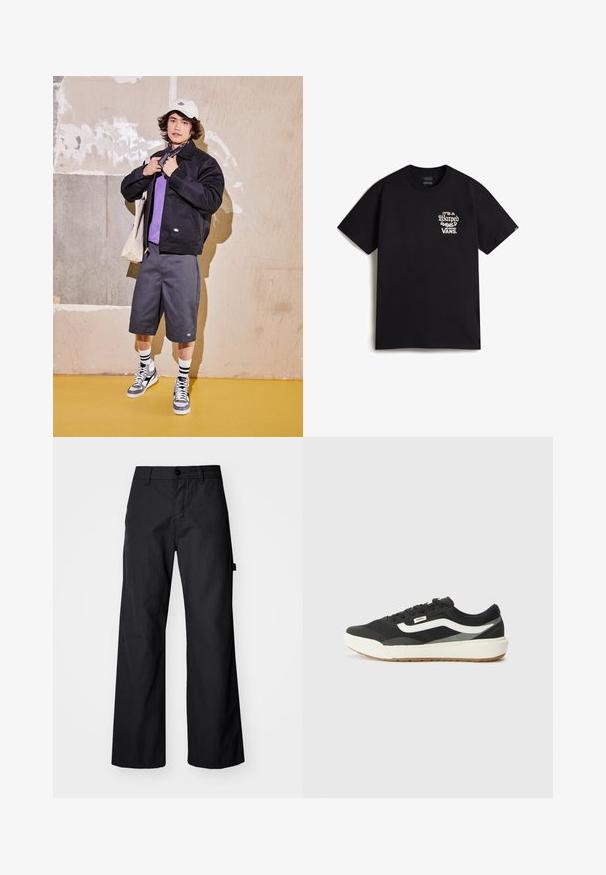 Mustat takit, violetti paita, harmaat shortsit ja harmaat urheilukengät. Asusteina valkoinen lippalakki ja musta bandana. Puuvillamateriaalit, rennon muotoilun.; Musta puuvillapaita, jossa on valkoinen graafinen tekstimuotoilu vasemmassa rinnassa, joka lukee "Se on vääristynyt maailma Vans." Klassinen pyöreä pääntie tyyli.; Mustat, leveälahkeiset housut kestävästä kankaasta. Varustettu nappisulkeumalla ja sivutaskuilla. Sujuva pinta ja siisti muotoilu.; Mustat lenkkarit valkoisilla yksityiskohdilla, joissa on sileä synteettinen päällinen, pyöreä muoto ja kumipohja, yhdistettynä vaaleanbeigeihin housuihin.