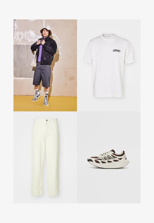 Zwarte jas, paarse shirt, grijze shorts en grijze sneakers. Accessoires omvatten een witte pet en een zwarte bandana. Katoenen materialen, casual ontwerp.; Witte katoenen t-shirt met korte mouwen en een ronde hals. Bevat een zwart "Carhartt" logo gedrukt op het bovenste gedeelte van de linkerkant van de borst.; Lichtgele katoenen broeken met een rechte pijp, voorzien van een frontsluiting met knoop, ceintuurlussen en een schone, minimalistische uitstraling.; Bruine en crème sneaker met een mesh bovenwerk, textuur overlays en een ronde, dikke witte zool. Bevat een low-profile tong en veters.