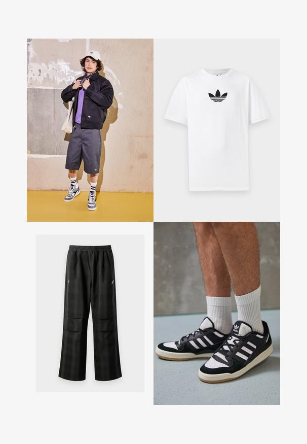 Black jacket, purple shirt, gray shorts, and gray sneakers. Accessories include a white cap and a black bandana. Cotton materials, casual design.; White cotton T-shirt featuring a black Adidas logo at the center. Short sleeves and a crew neck design. Smooth texture.; Black plaid pants featuring an elastic waistband, two front pockets, and a loose fit with a straight leg design. Made from lightweight material.; Black and white sneakers with a suede and leather upper, featuring three white stripes, a perforated toe, and a gum rubber sole.
