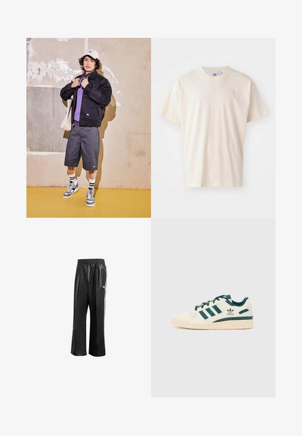 Jachetă neagră, cămașă violet, pantaloni scurți gri și adidași gri. Accesorii includ o șapcă albă și un bandană neagră. Materiale din bumbac, design casual.; Tricou din bumbac crem cu guler rotund și mâneci scurte; prezintă un mic logo de culoare deschisă pe piept.; Pantaloni de trening sintetici negri cu talie elastică, având dungi albe pe laturi și un mic logo alb pe şoldul stâng.; Adidași albi cu accente verzi. Prezintă trei dungi verzi, vârf texturat și logo pe lateral. Talpă din cauciuc cu model texturat.