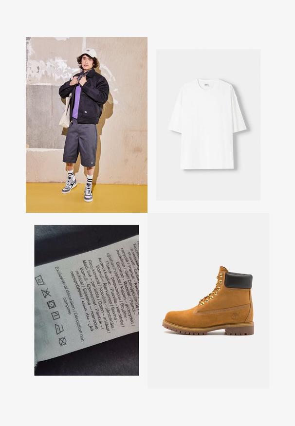 Giacca nera, camicia viola, pantaloni corti grigi e sneakers grigi. Gli accessori includono un cappellino bianco e un bandana nera. Materiali in cotone, design casual.; T-shirt bianco a maniche corte realizzato in cotone, con scollatura rotonda e vestibilità rilassata. Texture liscia, senza motivi o dettagli visibili.; Etichetta con testo multilingue, simboli di cura e icone di riciclo, stampata su un materiale morbido simile a stoffa di colore chiaro.; Stivale alla caviglia in suede tan con collare imbottito nero, occhielli in metallo dorato, dettagli in cucitura bianca e suola in gomma robusta con battistrada pronunciato.