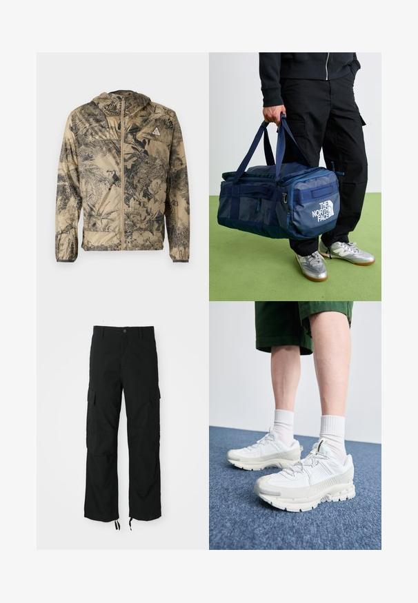 Lehká béžová bunda s černým botanickým potiskem. Obsahuje kapuci, přední zip a elastické manžety. Minimalistický design bez viditelných kovových prvků.; Bílý tričko s krátkým rukávem s malým černým trojúhelníkovým logem obsahujícím "acg" na levé straně hrudi, jednobarevné pozadí.; Černé cargo kalhoty vyrobené z odolné látky, které mají dvě boční kapsy, zapínání na knoflík a nastavitelné lemy pro volný, uvolněný střih.; Bílé sportovní boty s texturovanými překryvy, masivní podrážkou a šedými akcenty. Na nohou mají bílé ponožky a zelené šortky na modrém povrchu.; Osoba v černých kalhotách a stříbrných teniskách nese modrou sportovní tašku The North Face za ucha na zelené podlaze.