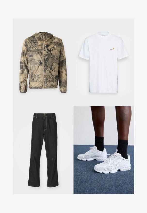 Lett beige jakke med svart botanisk trykk. Har hette, frontglidelås og elastiske mansjetter. Minimalistisk design uten synlig maskinvare.; Hvit bomull t-skjorte med korte ermer. Designet med en liten logo i oransje og mørkerød på venstre bryst. Har en klassisk rund hals.; Svarte denimbukser med løs passform, med kontrastfylt hvit søm, knappelukking og rett ben-design.; Hvite joggesko med mesh-overdel, teksturerte detaljer og polstret såle. Kombinert med svarte ribbede ankelstrømper på et blått teppet.