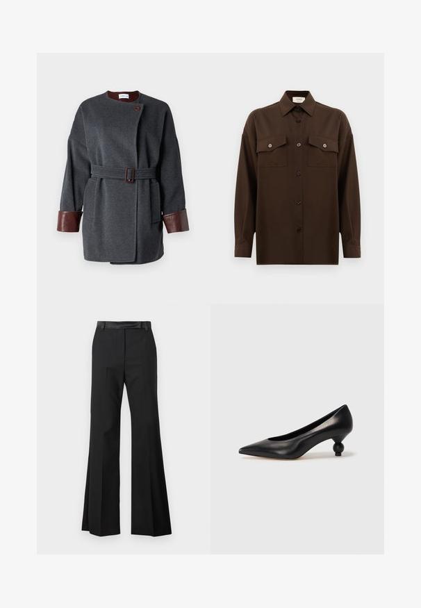 Tumši pelēks vilnas mētelis ar jostu viduklī, lielām priekšējām kabatām un brūna ādas aprocēm. Tam ir apaļa apkakle un viena pogu aizdare.; Tumši brūns garām piedurknēm pogājams krekls ar diviem kabatām uz krūtīm un klasisku apkakli, attēlots uz vienkārša baltā fona.; Melnas platās bikses ar gludu auduma apdari, aprīkotas ar cietu jostu un presētām krokām, lai nodrošinātu elegantu izskatu.; Melnas ādas augstpapēžu kurpes ar smailu purngalu un apaļu papēdi. Gluda tekstūra ar elegantu, minimālistisku dizainu.