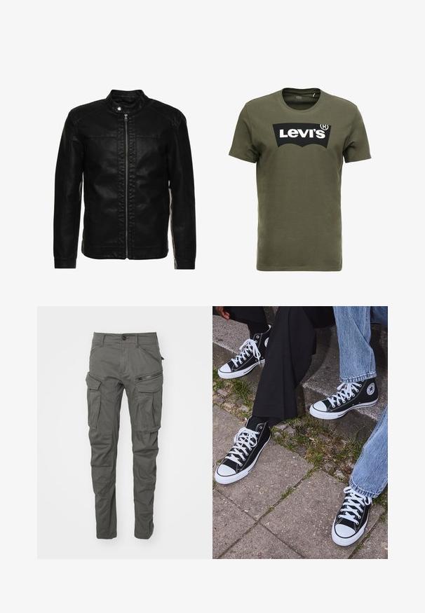 Fekete bőrdzseki magas gallérral, elülső cipzárral és varrott részletekkel a vállaknál. Slim fit kialakítású, hosszú ujjakkal.; Olajzöld pamut póló, amelyen egy nagy fekete Levi's logó található az elején. Klasszikus kerek nyakkivágás és rövid ujjak, sima textúrával.; Szürke cargo nadrág tartós anyagból, számos zsebbel, cipzáras díszítésekkel, gombos zárással és tapered lábformával.; Fekete magas szárú vászon sportcipők fehér gumi talppal és fűzőkkel, az oldalukon kör alakú logóval, farmernadrággal és fekete nadrággal párosítva.