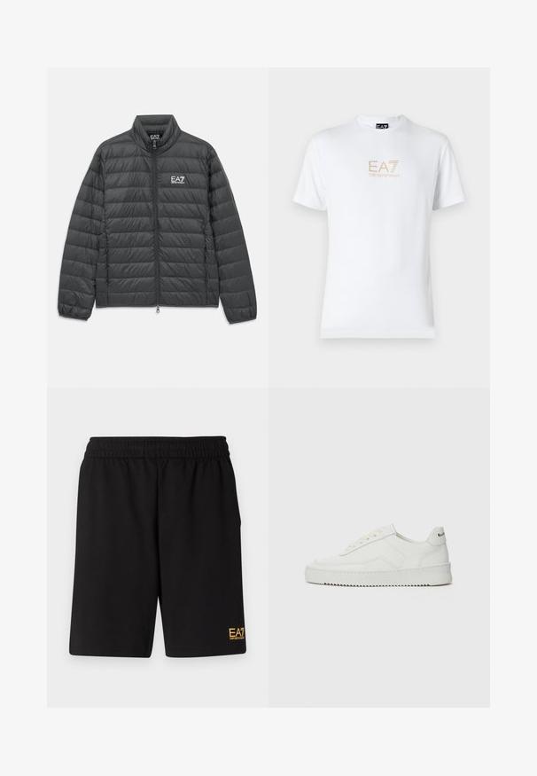 Black quilted zip-up jacket with stand collar, elastic cuffs, and white EA7 Emporio Armani logo on the chest and inside collar.; White cotton t-shirt featuring a round neckline and short sleeves, with a gold EA7 Emporio Armani logo printed on the front.; Black athletic shorts made of soft fabric,Featuring an elastic waistband and a small yellow EA7 logo on the lower left leg.; White leather sneaker with a smooth finish, round toe, flat laces, and a textured sole. Features a subtle logo on the heel.