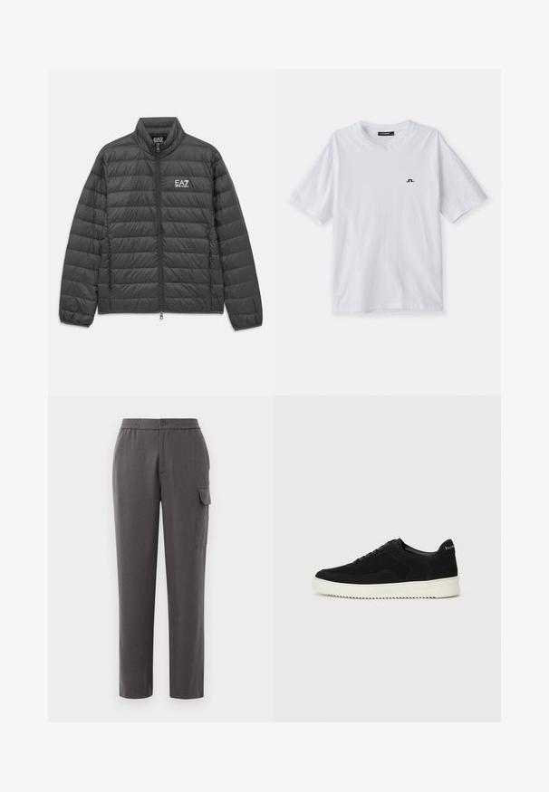 Casaco preto acolchoado com fecho zip, gola alta, punhos elásticos e logotipo branco EA7 Emporio Armani no peito e na parte interna da gola.; T-shirt de algodão branca com decote redondo e mangas curtas, apresentando um pequeno logotipo preto no peito. Textura suave e corte descontraído.; Calças cinzas com um ajuste descontraído, feitas de um tecido suave. Apresentam um fecho de botão, bolsos laterais e um bolso de carga na perna.; Sapatilhas de camurça pretas com design de atacadores e sola de borracha branca em contraste. Apresenta painéis laterais texturizados e uma marcação discreta no calcanhar.