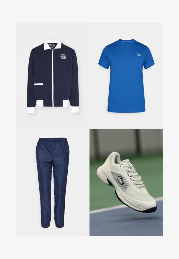 Marinblå zip-jacka gjord av texturerat tyg, med vita accenter, krage och en broderad tennis klubb-logotyp på vänster bröst.; Blå kortärmad T-shirt med rund halsringning och liten grön krokodillogo på vänster bröst, enfärgad framsida.; Marinblå träningsoverallsbyxor i lättviktsmaterial, med elastisk midjeband och avsmalnande ben som har elastiska mudd vid anklarna.; Vit sportig sneaker med ovandel i mesh, svarta accenter, texturerad sula och framträdande logotyp på sidan, visad mot en bakgrund av en tennisbana.