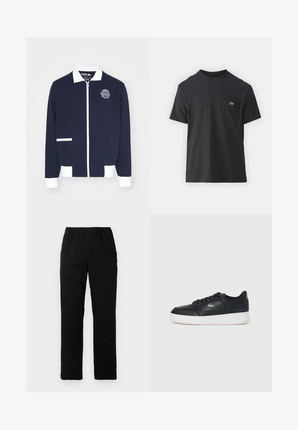 Tumes sinine lukuga jakk, mis on valmistatud tekstuuriga kangast, valgete aktsentidega, kraega ja vasakul rinnal on tikitud tenniseklubi logo.; Must musta T-särk lühikeste varrukatega, ümmarguse kaelusega ja väikese rohelise logoga vasakus rinnataskus. Lihtne disain, regulaarne lõige.; Mustad mustreid, puuvillast segakanga valmistatud mustad püksid, mis on sirge lõikega, elastse vöökoht ja nööp, ilma nähtavate mustrite või aktsentideta.; Must tosin nahast tossud valge pohja ja ümarate varvastega, söötud nööridega ja diskreetne logo küljes. Tekstuuritud ülaserv.