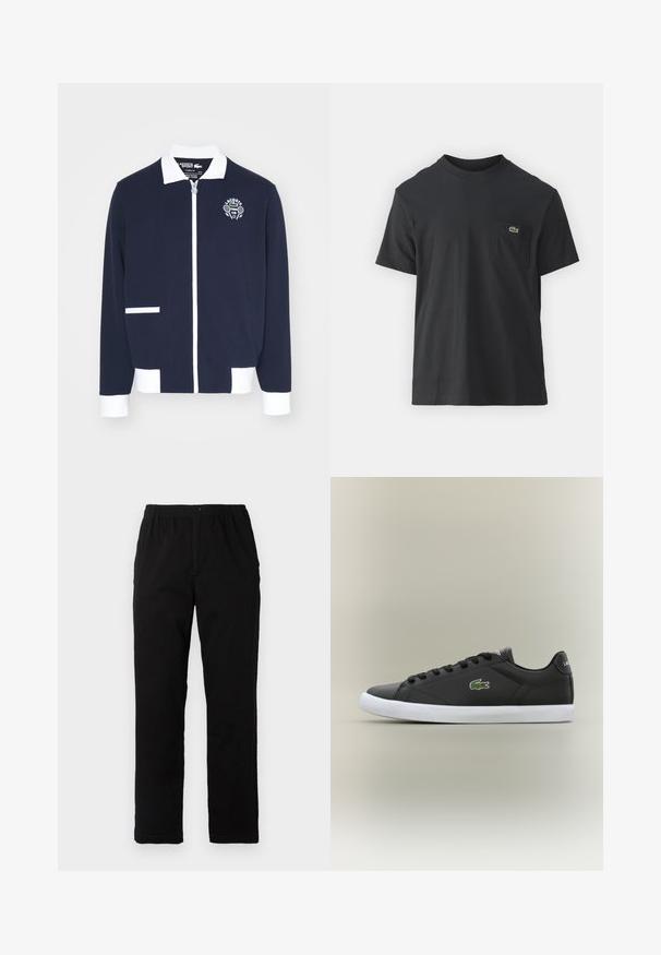 Jūros laivyno užtrauktuku užsegama striukė, pagaminta iš tekstūruoto audinio, su baltais akcentais, apykakle ir išsiuvinėtu teniso klubo logotipu kairėje krūtinės pusėje.; Juodas medvilninis marškinėliai trumpomis rankovėmis, apvaliu iškirpimu ir maža žalia logo kairėje krūtinės kišenėje. Paprastas dizainas, reguliaraus pjaustymo.; Juodi kelnės, pagamintos iš medvilnės mišinio, su tiesiomis kirpimo linijomis, elastingu liemeniu su mygtuku ir be aiškių raštų ar akcentų.; Juodos odinės sportbačiai su baltais guminiais padais, turintys žalią krokodilo logotipą ir apvalias raišteles, elegantiškas dizainas su lygia tekstūra.