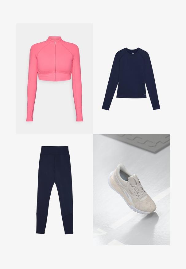 Roze cropped zip-up jack met lange mouwen, gemaakt van gladde stof, en voorzien van een getailleerd ontwerp en contrasterende stikseldetails.; Marineblauwe langemouwshirt van rekbaar materiaal, met een ronde halslijn, raglanmouwen en een klein logo nabij de zoom.; Marineblauwe leggings van rekbare stof, met een brede elastische tailleband, contrasterende stiksels en taps toelopende pasvorm bij de enkels.; Lichtbeige sportieve schoen met een geperforeerde bovenkant, textuurverwerking, gewatteerde kraag en een witte rubberen zool, ontworpen voor comfort en ademend vermogen.
