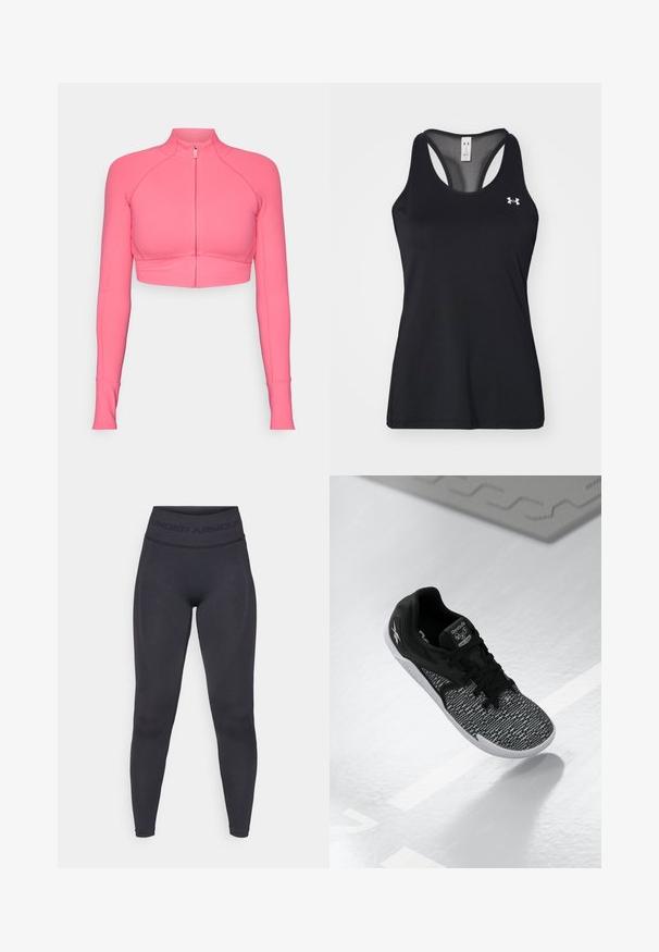 Pink cropped zip-up jacket with long sleeves, made from smooth fabric, featuring fitted design and contrasting stitching details.; Black athletic tank top with a textured fabric, racerback design, and subtle logo detail on the chest. Lightweight and breathable material.; Black leggings with a high elastic waistband featuring "UNDER ARMOUR" text. Smooth texture with subtle pattern accents along the legs.; Black athletic shoe with a textured, patterned mesh upper, black laces, and a white sole. Features Reebok branding on the tongue and side.