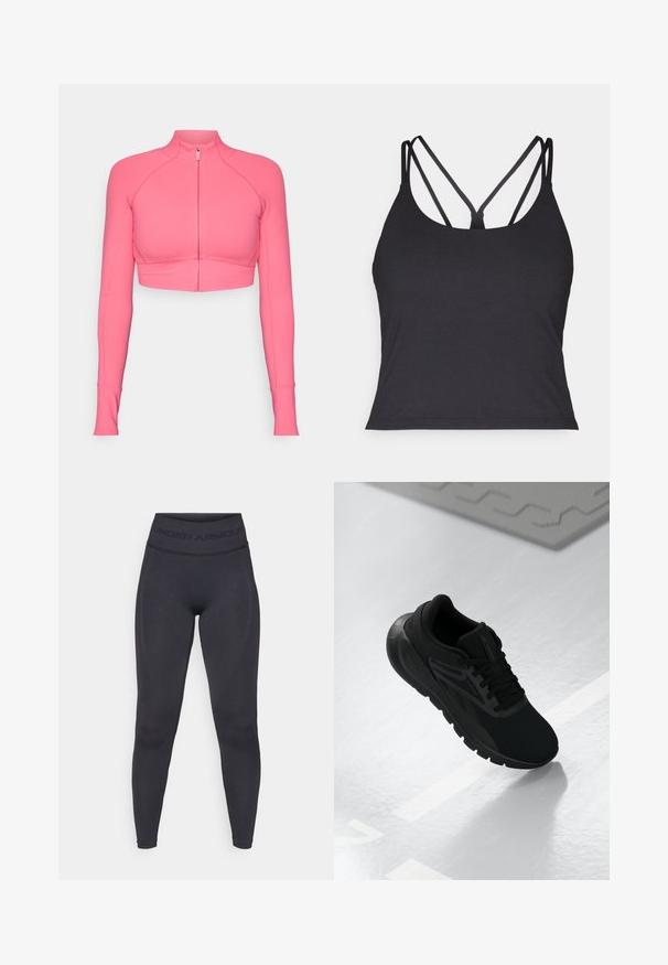 Lyserød cropped zip-up jakke med lange ærmer, lavet af glat stof, med fitted design og kontrastsyede detaljer.; Sort top med tynde stropper og krydset design på ryggen. Lavet af blødt, strækbart materiale med en tætsiddende silhuet.; Sorte tights med en høj elastisk talje, der har teksten "UNDER ARMOUR". Glat tekstur med subtile mønsterindslag langs benene.; Sort atletiksko med en mesh-overdel, rund tå, polstret sål og strukturerede detaljer, placeret på en glat hvid overflade.