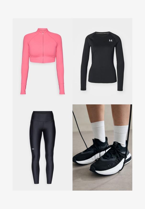 Różowa, krótka, zapinana na zamek kurtka z długimi rękawami, wykonana z gładkiego materiału, o dopasowanym kroju z kontrastującymi nićmi.; Czarna, długosleeve'owa koszulka sportowa z gładkiego materiału, z okrągłym dekoltem i małym białym logo na lewej piersi.; Czarne legginsy wykonane z gładkiego, elastycznego materiału z wysokim stanem. Posiadają białe logo na lewym udzie oraz dopasowany krój.; Czarne buty sportowe z teksturowanym materiałem, białą podeszwą i czarnymi sznurowadłami. Nosi je osoba w białych skarpetkach w prążki, stojąca na jasnej powierzchni.