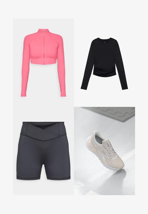Rosa, kurz geschnittene Jacke mit Reißverschluss und langen Ärmeln, aus glattem Material gefertigt, mit tailliertem Schnitt und kontrastierenden Nähten.; Schwarzes langärmliges Oberteil mit rundem Ausschnitt und Raffung an den Seiten, präsentiert vor einem schlichten weißen Hintergrund.; Schwarze, hochgeschnittene Shorts aus elastischem Material mit einem überlappenden Bund, flachen Nähten und einer glatten Textur.; Hellbeige Sportschuh mit einem perforierten Obermaterial, strukturierten Akzenten, gepolstertem Schaftrand und weißer Gummisohle, entworfen für Komfort und Atmungsaktivität.