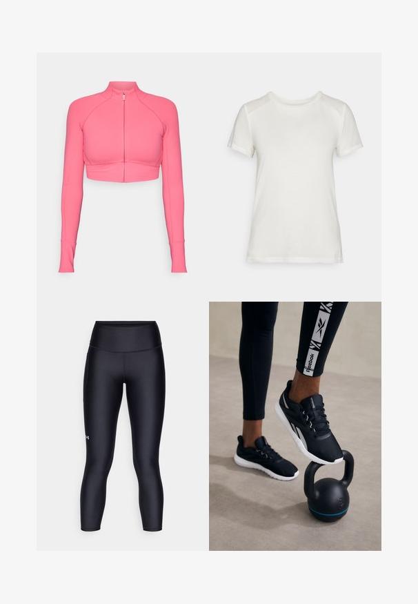Rosa cropped zip-up jakke med lange ermer, laget av glatt stoff, med figursydd design og kontrasterende sømdetaljer.; Hvit t-skjorte med kort erm laget av mykt stoff, med rund hals og en avslappet passform med glatte, sømløse skulderdetaljer.; Svarte leggings laget av glatt, elastisk stoff. Høyt liv med tettsittende passform og en liten logo på venstre ben.; Svarte joggesko med strukturert overdel, hvit såle og grå aksenter, plassert på en svart kettlebell med blå stripe, mot en nøytral bakgrunn.