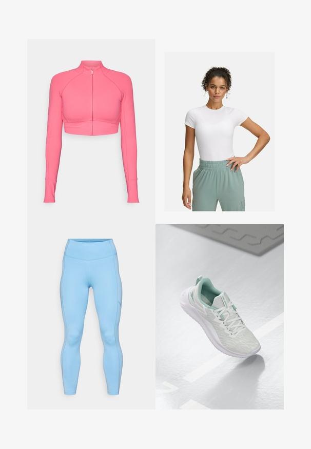 Rosa, kurz geschnittene Jacke mit Reißverschluss und langen Ärmeln, aus glattem Material gefertigt, mit tailliertem Schnitt und kontrastierenden Nähten.; Weißes, körpernahes T-Shirt mit kurzen Ärmeln, kombiniert mit hellgrünen Hosen mit elastischem Bund. Glatte Textur, minimalistisches Design und keine sichtbaren Muster.; Helle blaue Leggings aus dehnbarem Stoff. Mit hohem Bund, glattem Material und geschwungenen Nähten entlang der Beine.; Hellgraue Sportchuhe mit einem strukturierten Strickoberteil, mintgrünen Akzenten, weißen Schnürsenkeln, Gummisohle und einer Schlaufe an der Ferse.