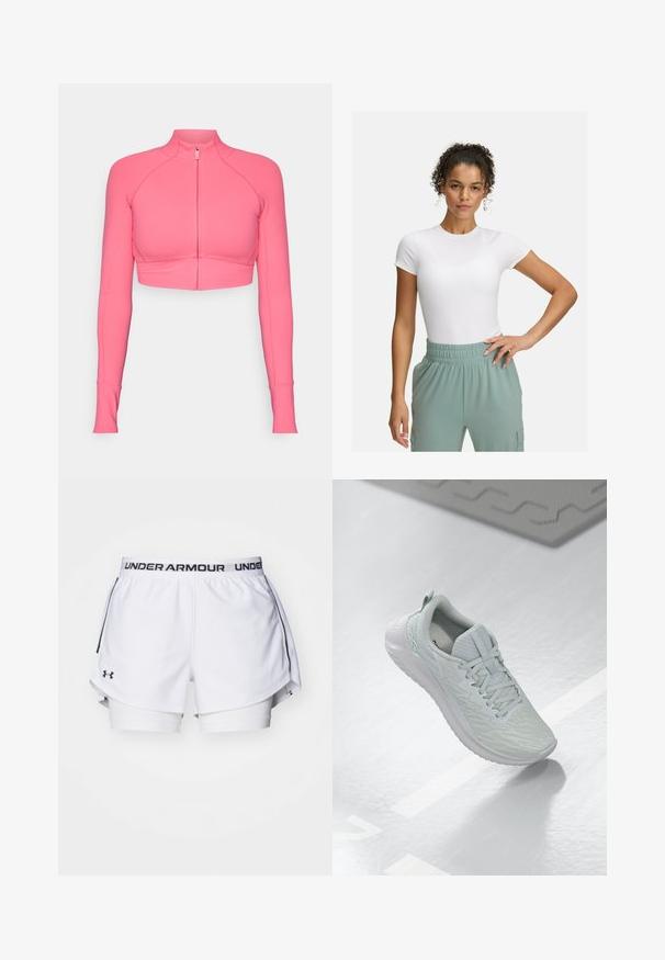 Rosa, kurz geschnittene Jacke mit Reißverschluss und langen Ärmeln, aus glattem Material gefertigt, mit tailliertem Schnitt und kontrastierenden Nähten.; Weißes, körpernahes T-Shirt mit kurzen Ärmeln, kombiniert mit hellgrünen Hosen mit elastischem Bund. Glatte Textur, minimalistisches Design und keine sichtbaren Muster.; Weiße Sportshorts mit schwarzem Under Armour-Logo am Bund. Bietet ein geschichtetes Design mit einer inneren Fütterung und seitlichen Schlitzen für mehr Bewegungsfreiheit.; Hellgrau Trainingsschuh mit strukturiertem Mesh-Obermaterial, Schnürdesign, gepolsterter Sohle und minimalem Branding.