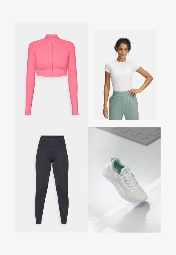 Lyserød cropped zip-up jakke med lange ærmer, lavet af glat stof, med fitted design og kontrastsyede detaljer.; Hvid tætsiddende t-shirt med korte ærmer, parret med lys grønne bukser med elastisk talje. Glat tekstur, minimalistisk design og ingen synlige mønstre.; Sorte tights med en høj elastisk talje, der har teksten "UNDER ARMOUR". Glat tekstur med subtile mønsterindslag langs benene.; Lys grå sportsko med en struktureret strikket overdel, mintgrønne accenter, hvide snørebånd, gummisål og en løkke ved hælen.