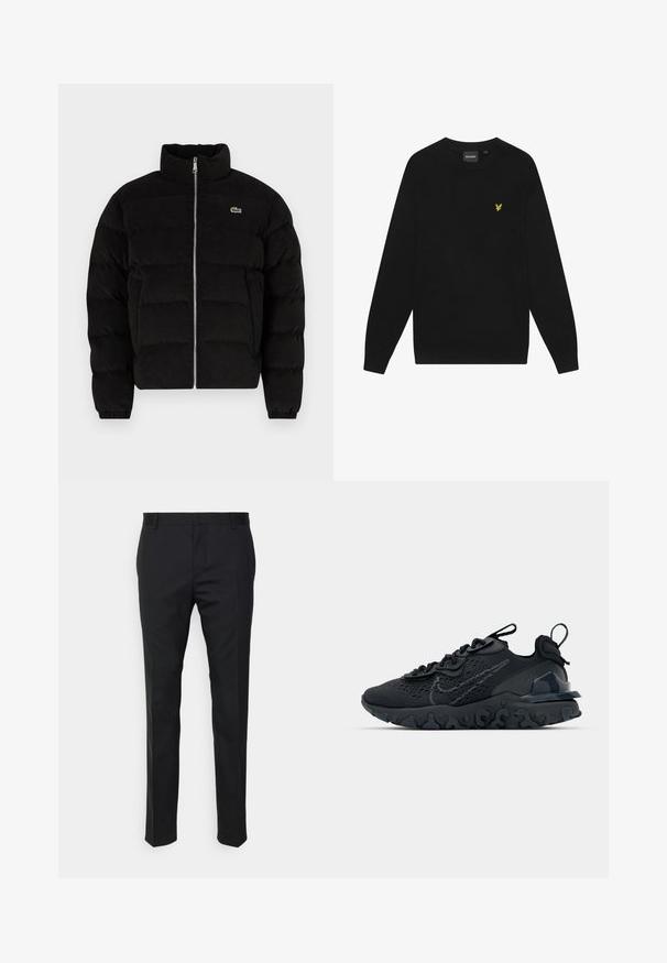Lacoste Žieminė striukė - black; Juodas medvilninis džemperis su ilgomis rankovėmis ir apvaliamm kaklu. Yra mažas geltonas erelio logotipas ant krūtinės. Minkšta tekstūra.; Juodos pritaikytos kelnės su tiesiu siluetu, pagamintos iš sklandžios medžiagos. Turi diržo kilpas ir raukšlių detalę priekyje.; Juoda sportinė avalynė su kvėpuojančiu tinkliniu viršumi, tekstūruotais akcentais ir banguota guma padais. Yra atspindintis logotipas ir raištelių sistema.