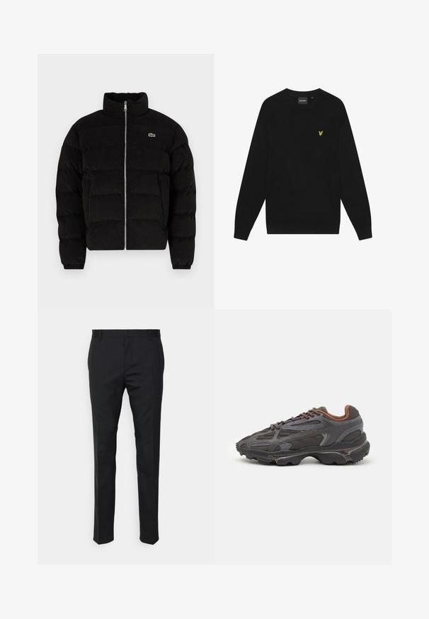 Lacoste Zimska jakna - black; Črna bombažna majica s dolgimi rokavi in okroglo ovratnikom. Ima majhen rumen orel logotip na prsih. Mehka tekstura.; Črne krojene hlače s ravnim krojem, izdelane iz gladkega materiala. Imajo zanke za pas in gubico spredaj.; Lacoste teniske v temno sivi barvi z mrežasto in sintetično prevleko, s teksturiranim podplatom in rjavimi detajli na ovratniku ter blagovni znamki.