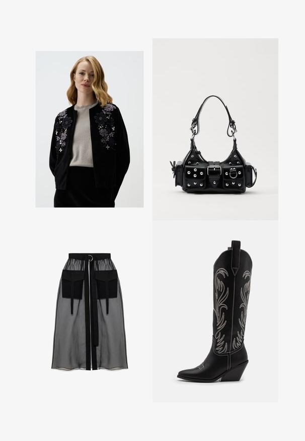 Zwarte fluwelen cardigan met bloemenborduurwerk in paars en zilver, met een ronde halslijn en een open voorkant, gedragen over een grijze top.; Zwarte lange mouw top gemaakt van doorzichtig materiaal, met een ronde halslijn, een knoopsluiting aan de voorkant en golvende randen bij de mouwen.; Zwarte doorschijnende rok met een verzameld tailleband, voorzien van twee grote voorzakken, een tailleband met strik en een ronde metalen accent.; Zwarte leren cowboylaarzen met spitse neuzen, wiggenhakken en zilver geborduurde bloemmotieven langs de schacht. Contrasterende stiksels overal.; Zwarte lederen handtas met een gebogen ontwerp, voorzien van zilveren studs, een gesp en twee zijvakken. Verstelbare schouderband voor verschillende draagmogelijkheden.