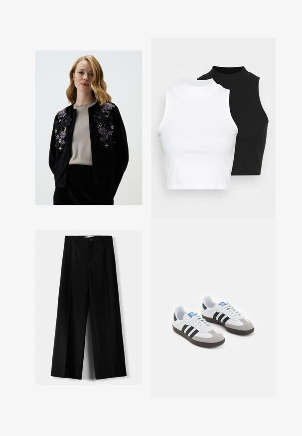 Schwarzer Samtc cardigan mit floralem Stickerei in Lila und Silber, mit rundem Halsausschnitt und offener Vorderseite, über einem grauen Oberteil getragen.; Zwei ärmellose, gerippte Rollkragenoberteile in Schwarz und Weiß, mit einer figurbetonten Passform und glatter Textur sowie einer cropped Länge.; Schwarze weite Hosen aus leichtem Stoff, mit einem Knopfverschluss vorne und flachem Bund, mit sorgfältig genähten Säumen.; Sportschuhe mit einem Obermaterial aus weißem Leder, grauer Wildleder-Zehenkappe und drei schwarzen Streifen. Sie verfügen über ein blaues Logo auf der Zunge und eine strukturierte Gummisohle.