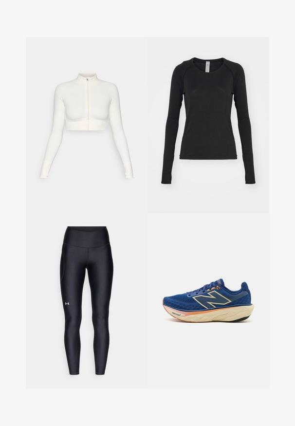 Valkoinen lyhyeksi leikattu vetoketjullinen pitkähiha, jossa on korkea kaulus, slim fit -muotoilu, sileä rakenne ja peukalon aukot hihansuissa.; Pitkähihaista mustaa paitaa, joka on valmistettu pehmeästä kankaasta. Ominaisuuksina pyöreä pääntie ja raglan-hihat, joissa on sormiaukot hihansuissa. Minimalistinen muotoilu.; Mustat legginsit, jotka on valmistettu sileästä ja venyvästä materiaalista, korkealla vyötäröllä. Vasemmassa reidessä on valkoinen logo ja istuva muotoilu.; Sininen juoksukenkä, jossa on hengittävä verkko-osa, pehmustettu kaulus ja vaimennettu pohja, johon on lisätty oranssi yksityiskohta. "Fresh Foam" -brändi näkyy selvästi.