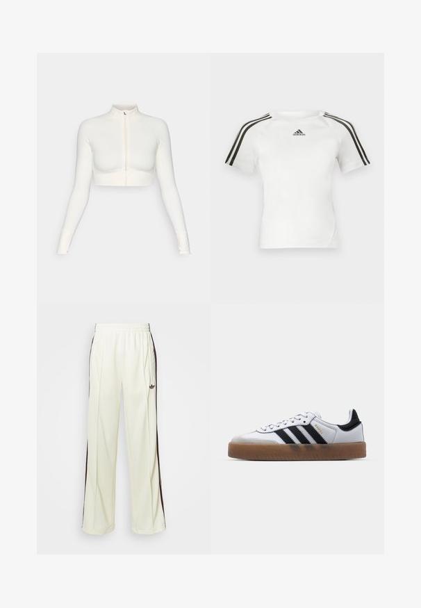 Haut zippé blanc à manches longues et court, avec un col haut, un design ajusté, une texture lisse et des poignets à trou pour les pouces.; T-shirt de sport blanc à manches courtes avec un design à trois rayures noires sur les épaules, texture lisse et un petit logo adidas noir sur la poitrine.; Pantalons de survêtement couleur crème avec une coupe décontractée, présentant des rayures latérales marron foncé et un logo brodé sur la cuisse gauche.; Baskets en cuir blanc avec des rayures noires, semelle extérieure en caoutchouc beige, bout rond, fermeture lacée et embout en suède gris doux.