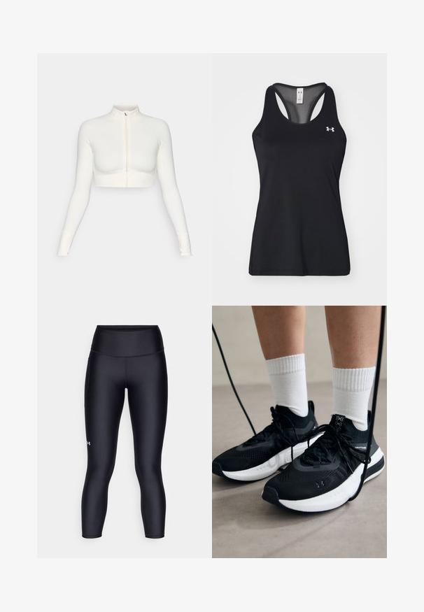 Fehér, rövidített, cipzáras, hosszú ujjú felső magas gallérral, testhez simuló fazonnal, sima textúrával és hüvelykujjlyukakkal.; Fekete sportos trikó textúrált anyagból, racerback dizájnnal és finom logóval a mellen. Könnyű és légáteresztő anyag.; Fekete leggings sima, rugalmas anyagból. Magas derékú dizájn, szoros illeszkedéssel és egy kis logóval a bal lábon.; Fekete sportcipők textúrált anyagból, fehér talppal és fekete fűzőkkel. Fehér bordázott zoknikkal viselve, világos felületen állva.