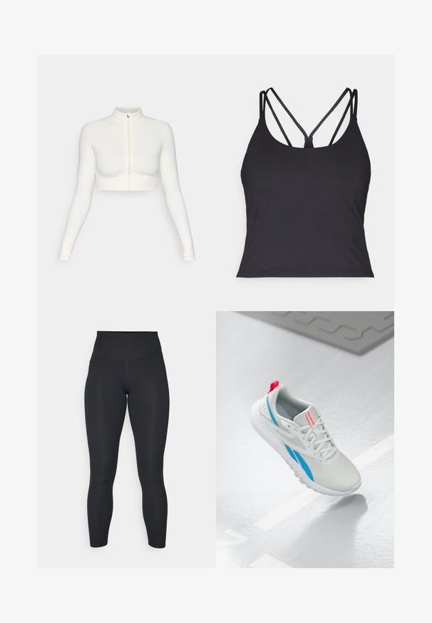 Top blanco corto con cremallera y manga larga, con un cuello alto, diseño ajustado, textura suave y puños con orificio para el pulgar.; Top negro sin mangas con tirantes finos y un diseño entrecruzado en la parte posterior. Confeccionado en un material suave y elástico con una silueta ajustada.; Leggings negros de cintura alta, con textura suave y diseño ajustado. Cuentan con costuras planas y cobertura completa sin patrones.; Zapatilla Reebok blanca y azul con una pestaña roja flotando sobre un suelo brillante con un tapete de goma gris cerca.