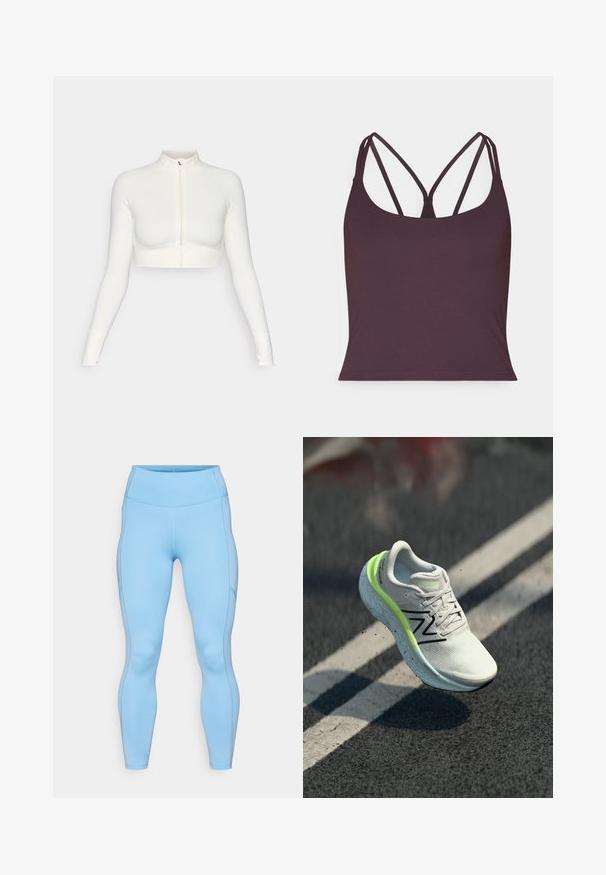 Top bianco corto con zip e maniche lunghe, con colletto alto, design aderente, texture liscia e polsini con foro per il pollice.; Top senza maniche di colore viola scuro realizzato in tessuto morbido, con sottili spalline doppie e scollatura arrotondata. Orlo senza cuciture nella parte inferiore.; Leggings blu chiaro realizzati in un tessuto elasticizzato. Presentano un'ampia vita, una consistenza liscia e cuciture curve lungo le gambe.; Scarpe da corsa New Balance bianche e verde neon in volo sopra l'asfalto con segnaletica bianca.