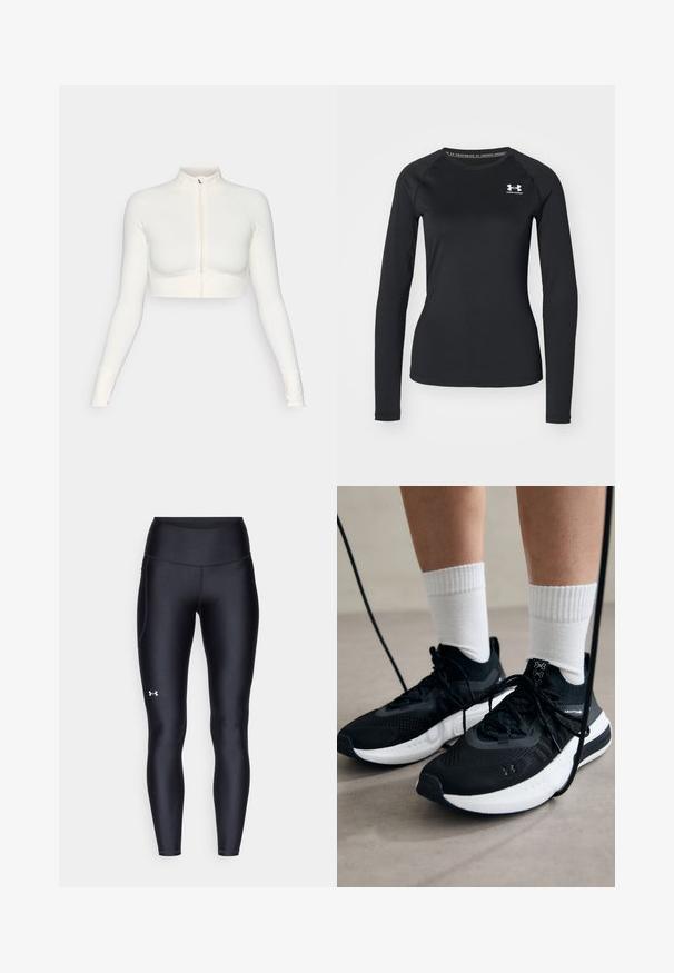 Haut zippé blanc à manches longues et court, avec un col haut, un design ajusté, une texture lisse et des poignets à trou pour les pouces.; T-shirt de sport noir à manches longues en tissu lisse, avec un col rond et un petit logo blanc sur la poitrine gauche.; Leggings noirs en matière lisse et extensible avec une taille haute. Présentent un logo blanc sur la cuisse gauche et un design ajusté.; Chaussures de sport noires en tissu texturé, avec une semelle blanche et des lacets noirs. Portées avec des chaussettes blanches côtelées, debout sur une surface claire.