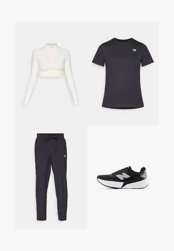 Balta, īsā piegriezuma, ar rāvējslēdzēju, garām piedurknēm, augsta apkakle, cieši pieguloša dizaina, gluda tekstūra un ar caurumiem uz pirkstiem.; Melnas īsām piedurknēm T-krekls, izgatavots no mīksta auduma, ar nelielu pelēku New Balance logo kreisajā augšējā krūtīs, klasiskā apaļā kakla dizainā.; Melnas sporta bikses, izgatavotas no viegla materiāla, ar elastīgu jostu un regulējamu auklu. Uz sāniem ir neliels logo.; Melnbalts New Balance skriešanas apavi ar biezu zoli, acs augšdaļu un "N" logotipu sānos, skatīts no ārējās puses.