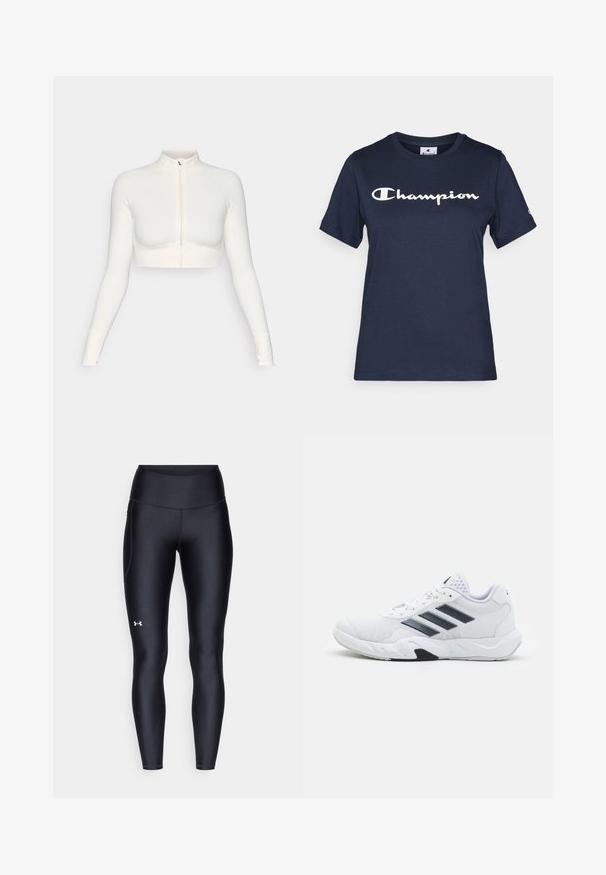 Top blanco corto con cremallera y manga larga, con un cuello alto, diseño ajustado, textura suave y puños con orificio para el pulgar.; Camiseta de algodón azul marino de manga corta, con un logo blanco de "Champion" en el pecho y un pequeño logo en la manga.; Leggings negros hechos de un material suave y elástico con una cintura alta. Presentan un logo blanco en el muslo izquierdo y un diseño ajustado.; Zapatilla deportiva blanca con parte superior de malla, tres franjas negras a los lados, acentos texturizados y una suela de goma resistente con una sección negra en contraste.