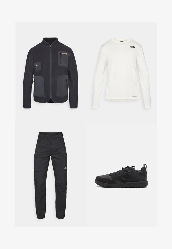 Icepeak YENTL - Fleecejakke - anthracite; Hvit langermet skjorte med rund hals, teksturert stoff, svart logo på venstre skulder, og subtil merkevareplassering nederst.; The North Face EXPLORATION PANTS - Cargobukse - black; Sorte idrettssko med overdel i mesh og semsket skinn, med forsterkede områder, rund tå, teksturert såle og en løfretning på hælen.