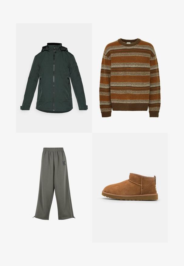 Ciemnozielona kurtka wykonana z gładkiego materiału, z wysokim kołnierzem, zamkiem błyskawicznym z przodu i dwoma bocznymi kieszeniami na zamek. Długie rękawy z mankietami.; Solid MAXWELL brązowy; Karl Kani SIDESTRIPE jasnozielony melanż; Beżowe zamszowe botki za kostkę z okrągłym noskiem, subtelnymi detalami przeszyć oraz teksturowaną gumową podeszwą. Niskie, bez sznurówek.