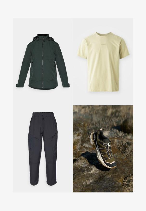 Donkergroene jas van gladde stof, met een hoge kraag, rits aan de voorkant en twee zijzakken met rits. Lange mouwen met cuffs.; Salomon TRACKLINE TEE - Sport T-shirt - gray green; Zwarte cargo pants gemaakt van een lichtgewicht, waterafstotend materiaal; voorzien van een elastische tailleband, meerdere met rits gesloten zakken en taps toelopende pijpen.; Wandelshoe in olijfgroen en zwart met roze accenten. Beschikt over een gestructureerd bovenwerk, flexibele zool, versterkte neuzen, en een kleurrijk vetersysteem.