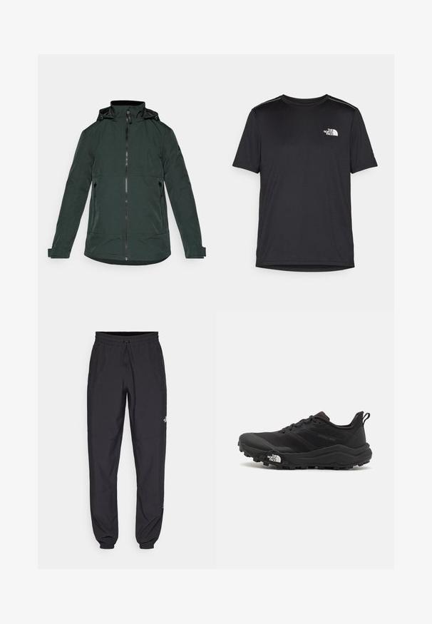 Mørkegrøn jakke lavet af glat stof, med høj krave, frontlynlås og to sidelommer med lynlås. Lange ærmer med manchetter.; Sort t-shirt med korte ærmer lavet af letvægtsstof. Har et lille hvidt logo på venstre bryst og diskrete skuldrelementer.; Sorte atletiske bukser lavet af letvægtsstof, med en snor i taljen, sidelommer og tapered manchetter ved anklerne.; Sort trail løbesko med en struktureret overdel, gummisål og forstærket tåhætte. Har en polstret krave og en pull-tab til nem påtagning.